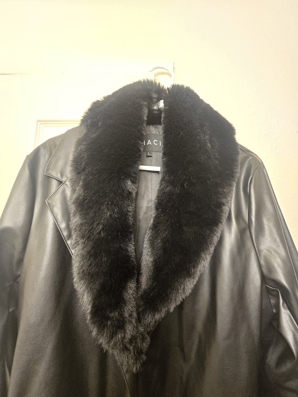 Black Faux Leather Trench Coat with Faux Fur Trim - Picture 2 of 5